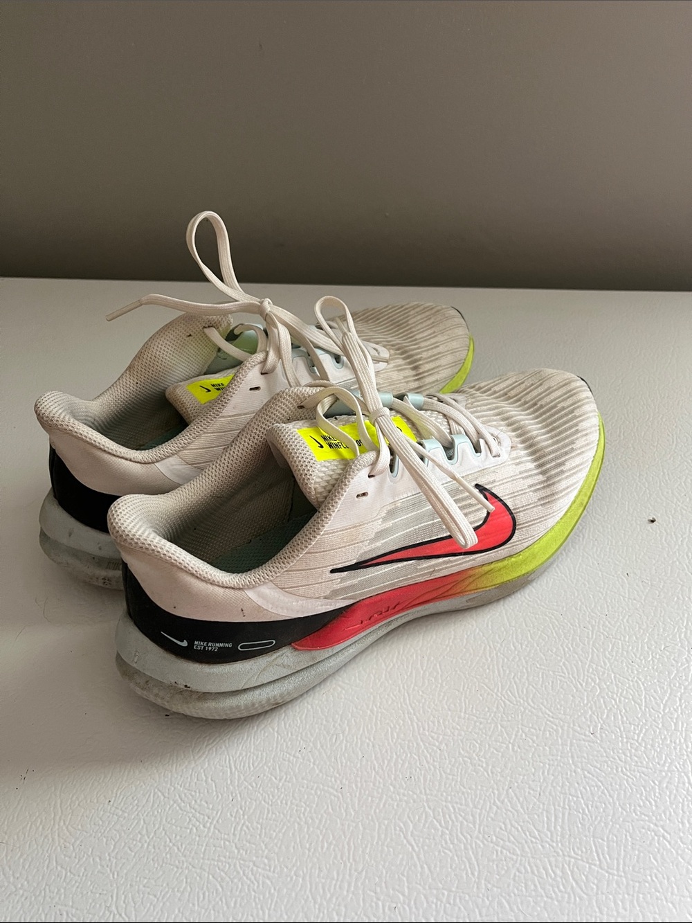 Nike White Sneakers with Neon Yellow and Red Accents